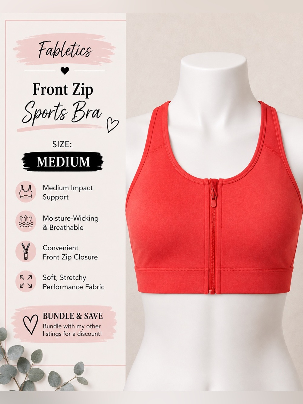Salmon Fabletics medium Front Zip Sports Bra - Red